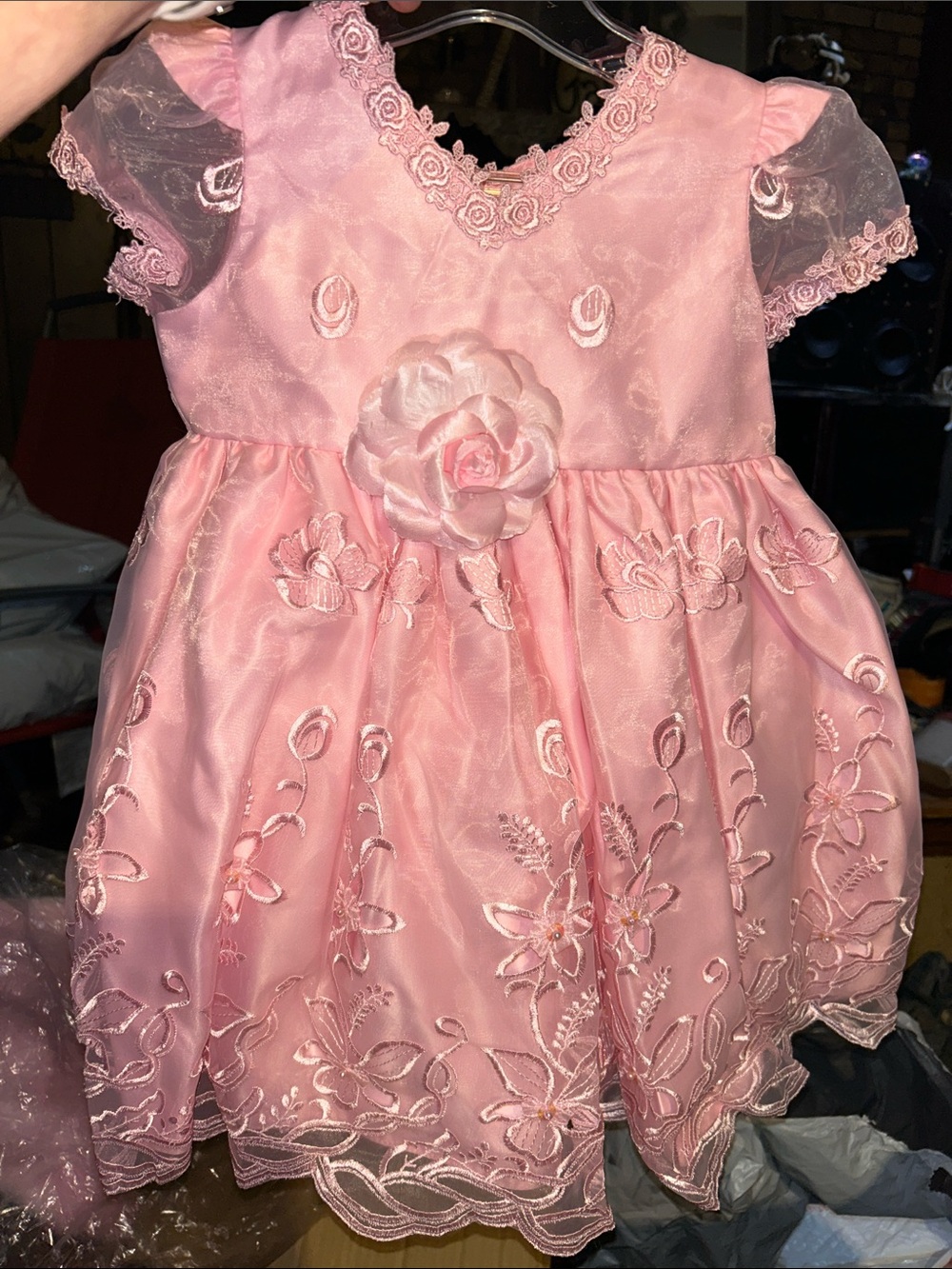 Pink Floral Embroidered Baby Dress with Rosette with matching hat